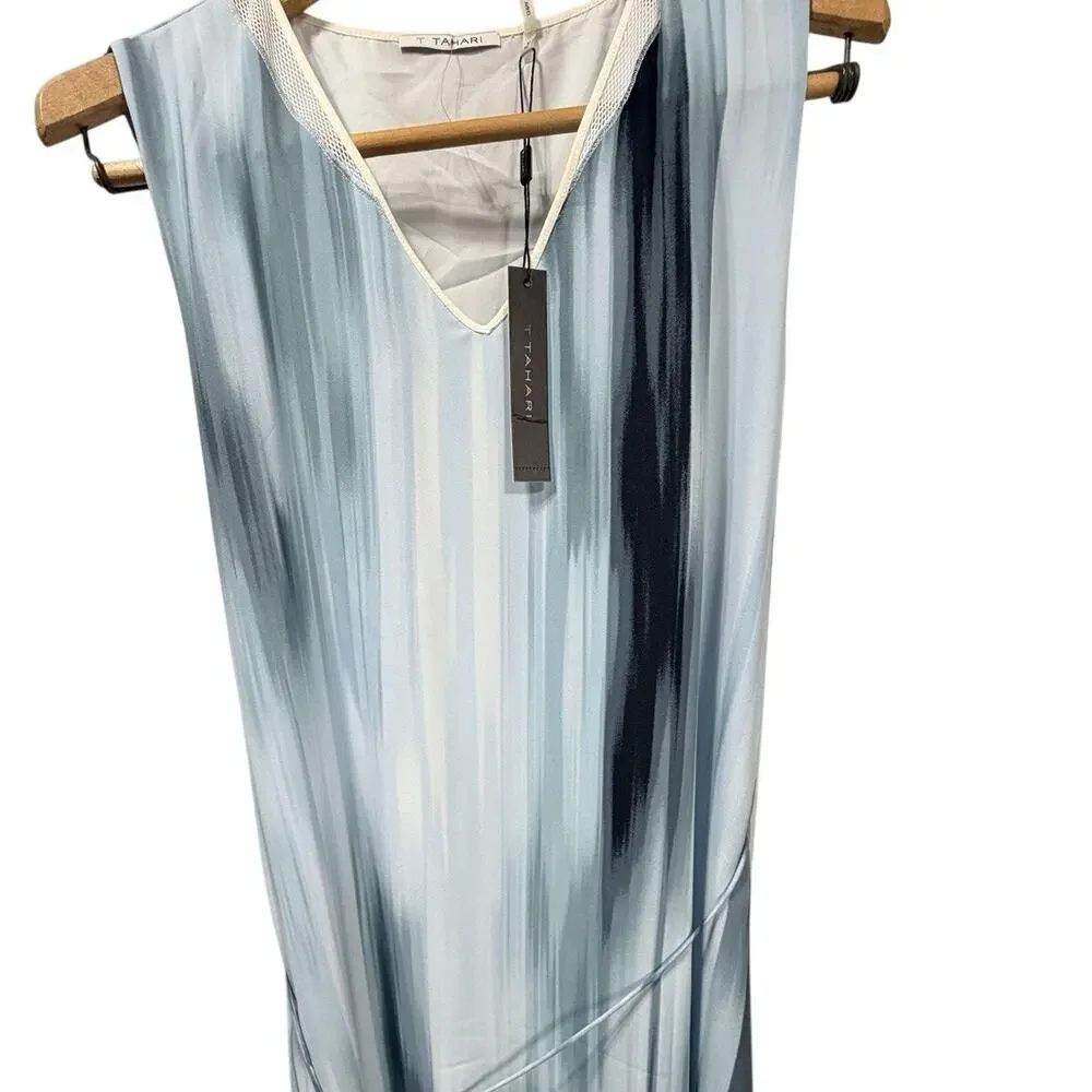 T Tahari Tie Dye Dress M NWT Light Blue Watercolor V-Neck Sleeveless Chiffon